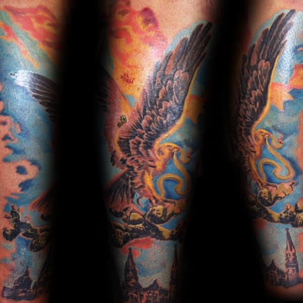 Colorful Guys Mexican Eagle Sleeve Tattoo
