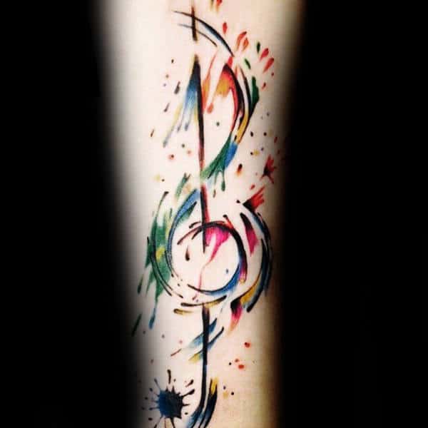 Colorful Guys Music Note Forearm Tattoos With Watercolor Design