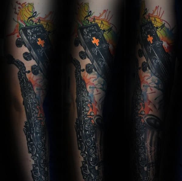 Colorful Guys Saxophone Full Arm Tattoo