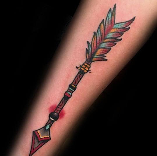 Colorful Guys Traditional Arrow Forearm Tattoo