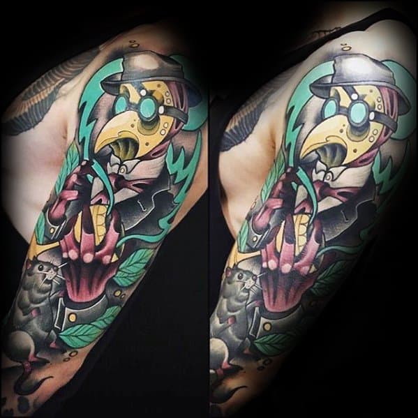 Colorful Half Sleeve Plague Doctor Mens Tattoo Designs