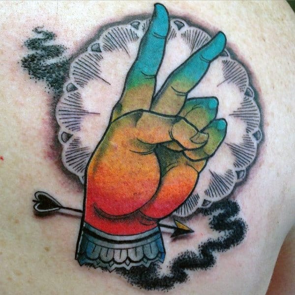 Colorful Hand Giving Peace Sign Mens Back Tattoos