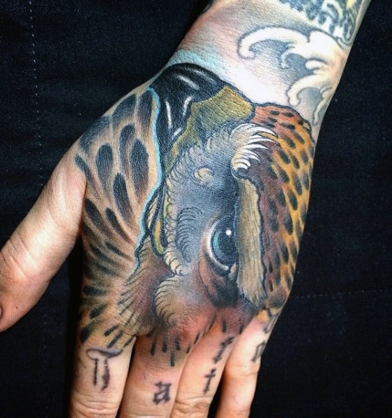 Colorful Hand Tattoo Of Golden Eagle Hawk For Guys