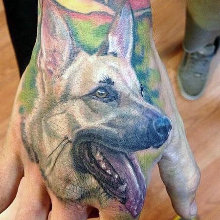Colorful Happy German Shepherd Dog Mens Hand Tattoos