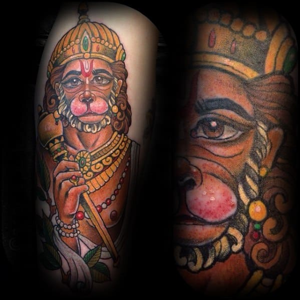 Colorful Hinduism Artistic Male Hanuman Tattoo Ideas On Leg