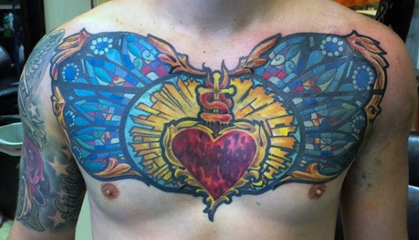 Colorful Holy Heart Mens Upper Chest Stained Glass Tattoos