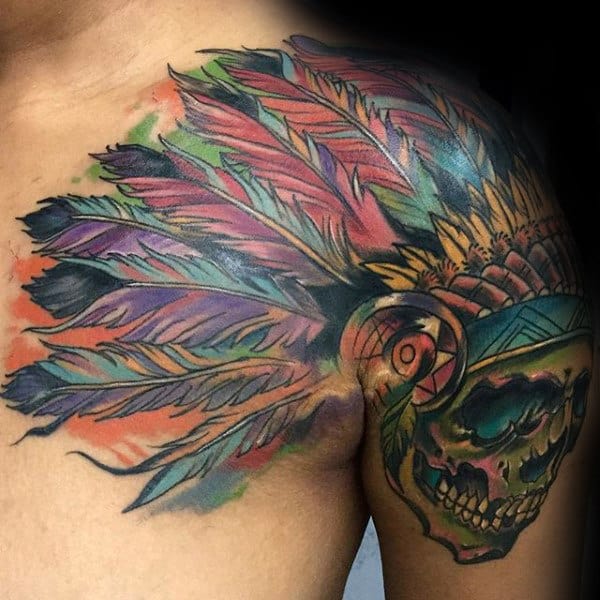 Colorful Indian Skull Mens Watercolor Arm And Shoulder Tattoo