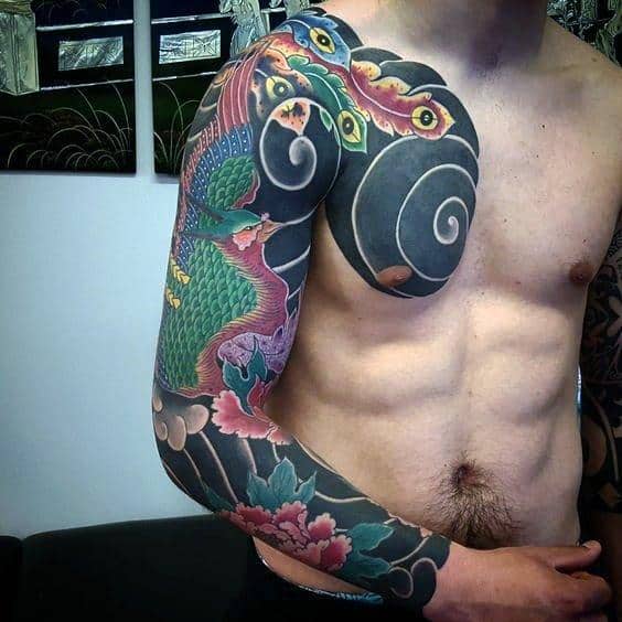 Colorful Japanese Bird Guys Cover Up Chest And Sleeve Tattoo