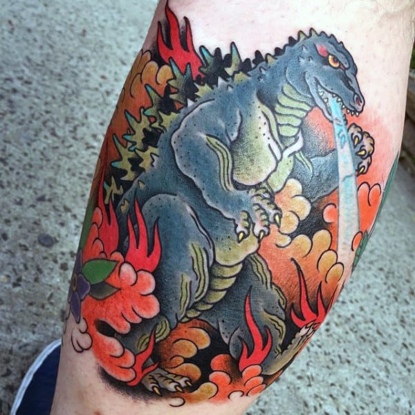 Colorful Japanese Tattoo Of Godzilla On Guy