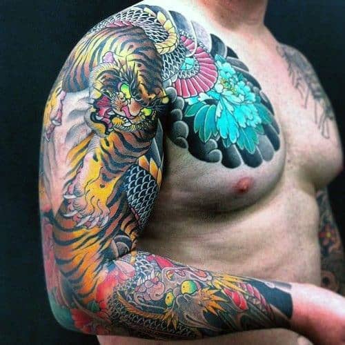 Colorful Japanese Tiger Mens Full Sleeve Tattoos
