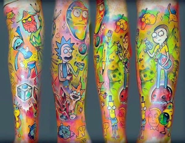 Colorful Leg Sleeve Rick And Morty Tattoos For Men
