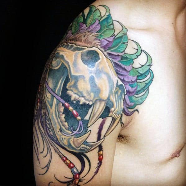 Colorful Lion Skull Feathers Guys Arm Tattoo