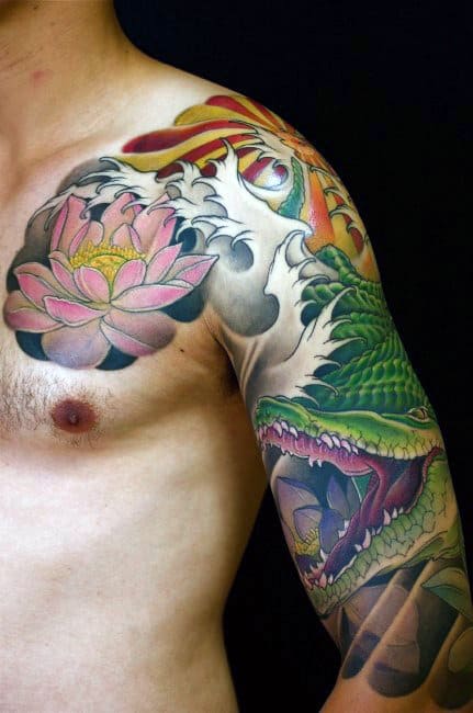 Colorful Male Alligator Tattoo Half Sleeve