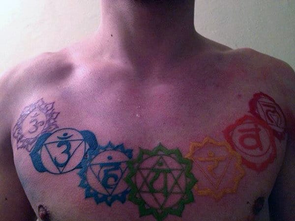 Colorful Male Chakras Tattoo On Upper Chest
