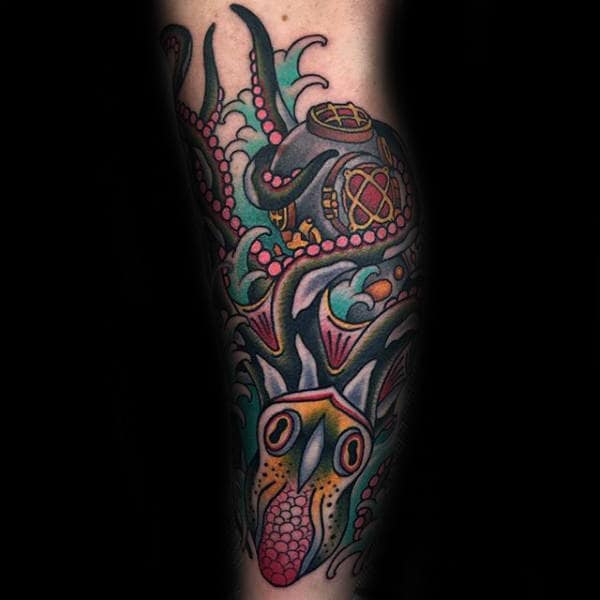 Colorful Male Leg Traditional Tattoo Of Octopus On Male