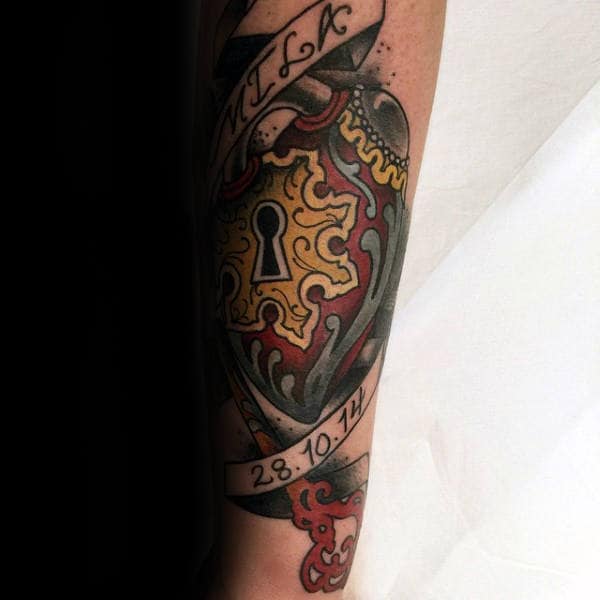 Colorful Male Lock Forearm Tattoo Design Inspiration