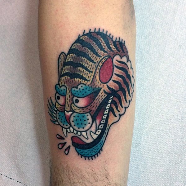 Colorful Male Traditional Tiger Forearm Tattoo Ideas