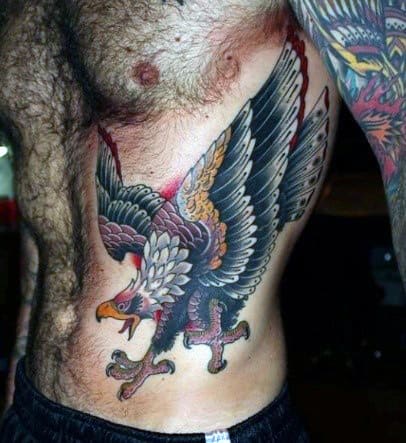 Colorful Manly Guys Traditional Eagle Rib Cage Side Tattoos