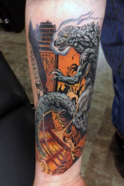 Colorful Manly Old School Tattoo Of Godzilla Destroying City On Guy