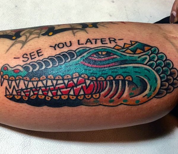 Colorful Mens Alligator Tattoo With Message On Arms