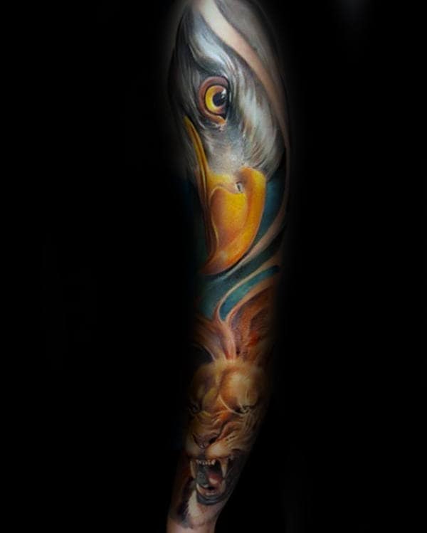 Colorful Mens Bald Eagle With Lion Full Sleeve Tattoo