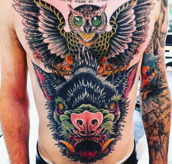 Colorful Mens Boar Owl Full Chest Tattoo Ideas