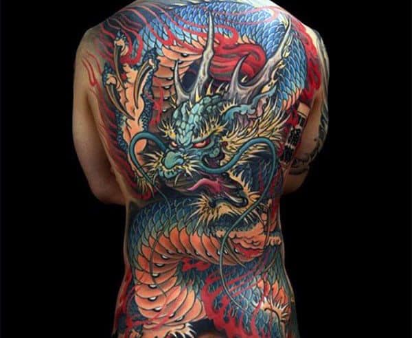 Colorful Mens Dragon Back Tattoos