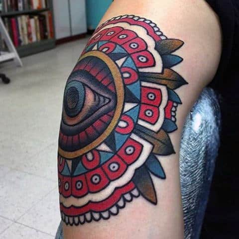 Colorful Mens Eye And Pattern Elbow Tattoo