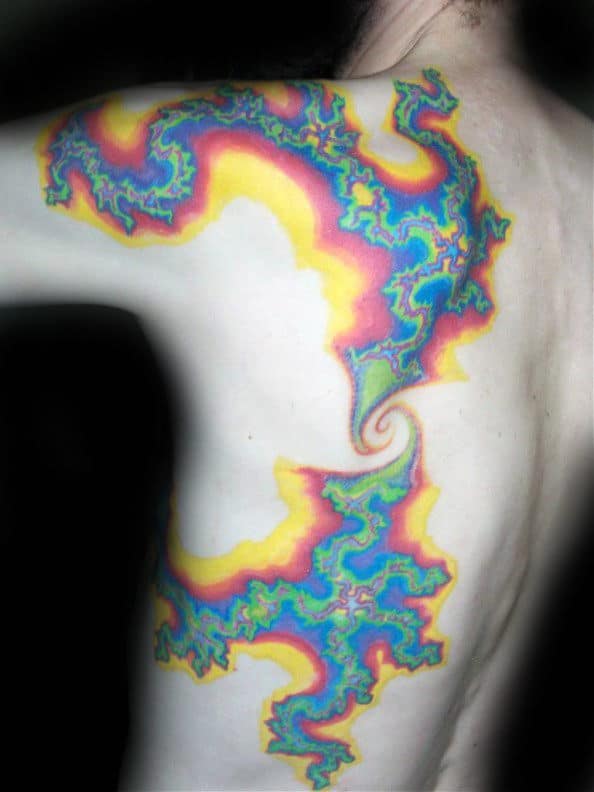 Colorful Mens Factal Back Tattoo Ideas
