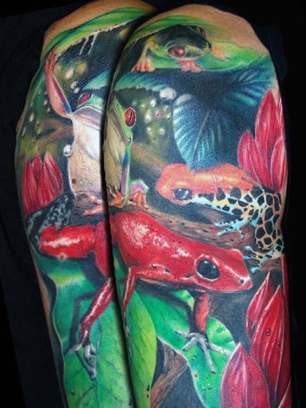 Colorful Mens Half Sleeve Frog Themed Tattoo Ideas