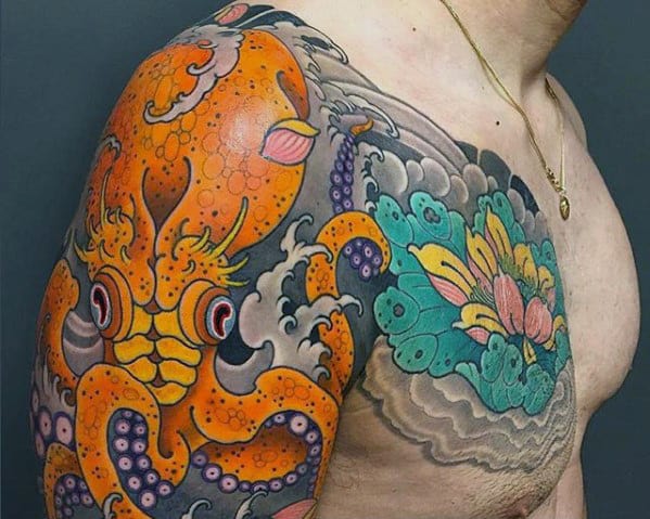 Colorful Mens Japanese Octopus Chest And Half Sleeve Tattoo