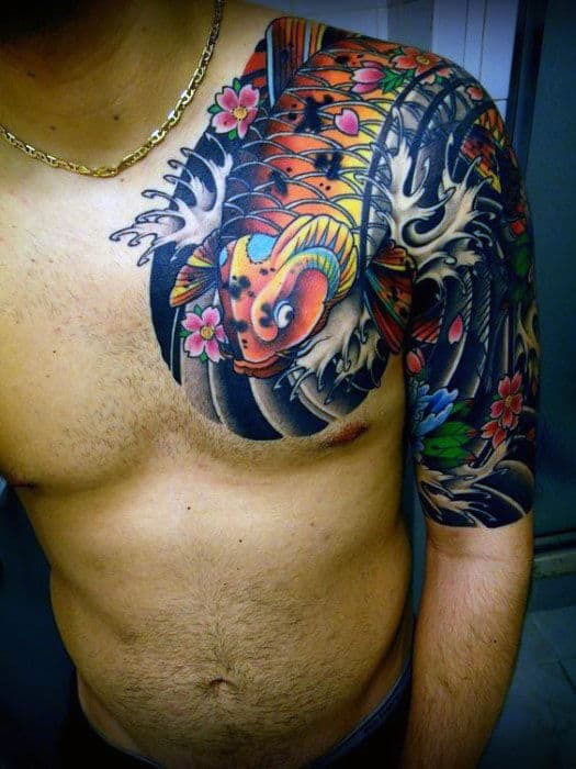 Colorful Mens Koi Fish Water Half Sleeve Tattoo With Japanese Traditional Design