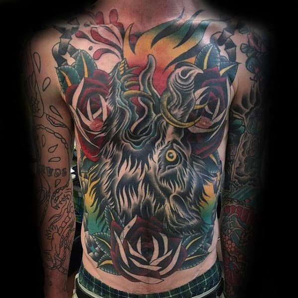 Colorful Mens Old School Artistic Boar Full Chest Tattoo