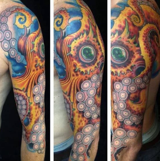 Colorful Mens Orange Octopus Arm Tattoo Ideas