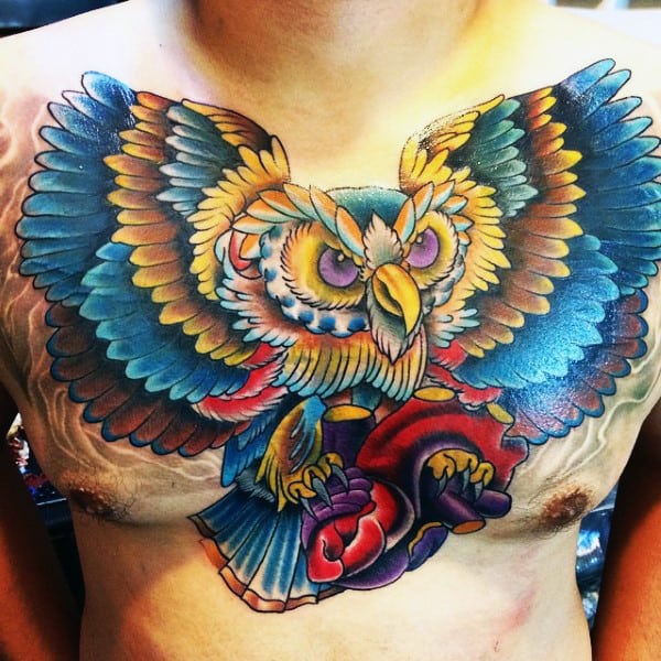 Colorful Mens Owl Tattoo Designs On Chest