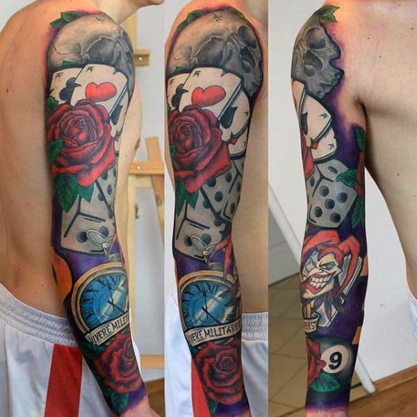 Colorful Mens Playing Card Full Sleeve Tattoo