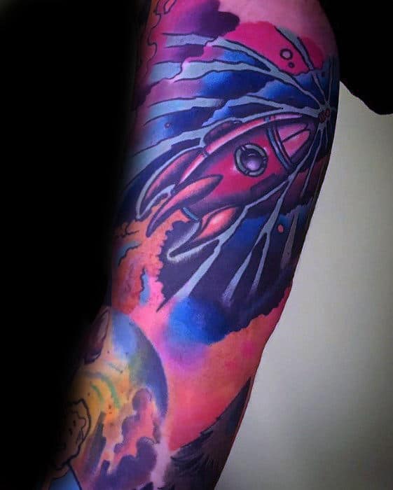 Colorful Mens Rocket Ship Sleeve Tattoo
