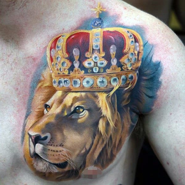 Colorful Mens Royal Lion With Crown Watercolor Tattoo On Chest