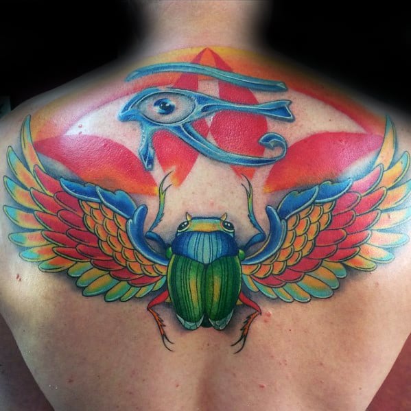 colorful mens scarab guys egyptian eye upper back tattoo
