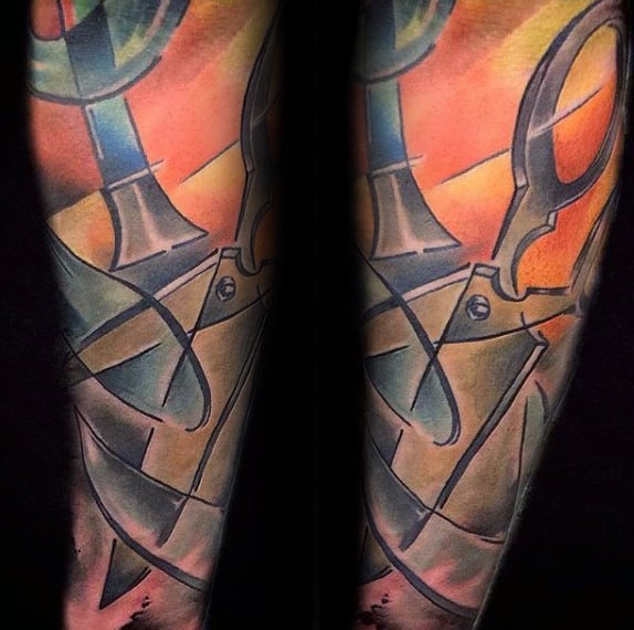 Colorful Mens Scissor Sleeve Tattoo With Abstract Design