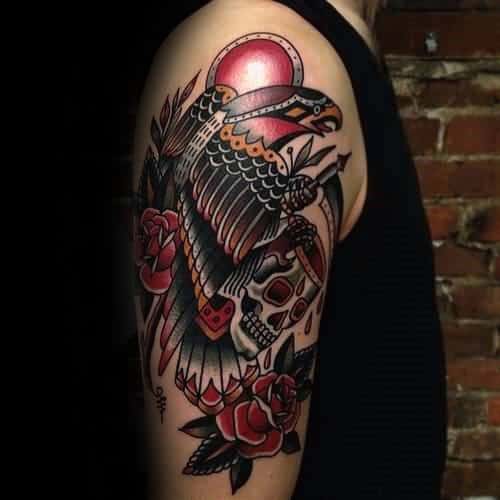 Colorful Mens Traditional Crow Skull Arm Tattoo Ideas