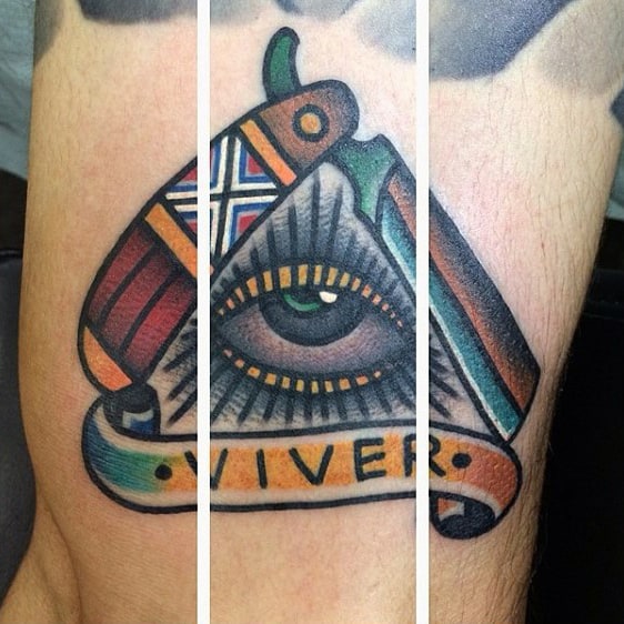 Colorful Mens Triangle Eye Tattoo With Lettering