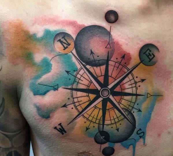 Colorful Mens Watercolor Compass Tattoo Design On Chest