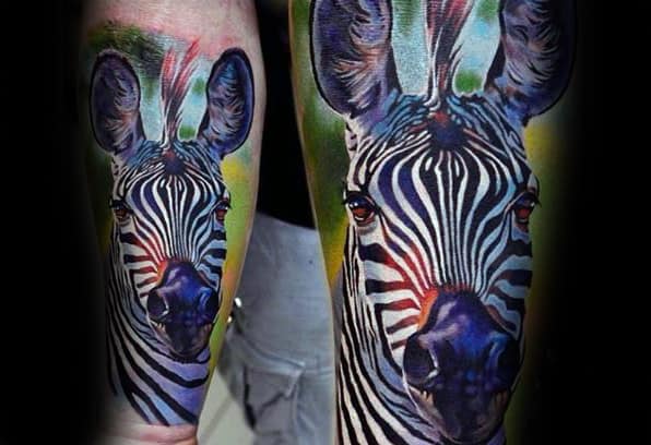 Colorful Mens Zebra Forearm Sleeve Tattoo Designs