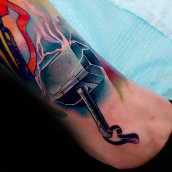 Colorful Mjolnir Mens Watercolor Lower Leg Tattoos