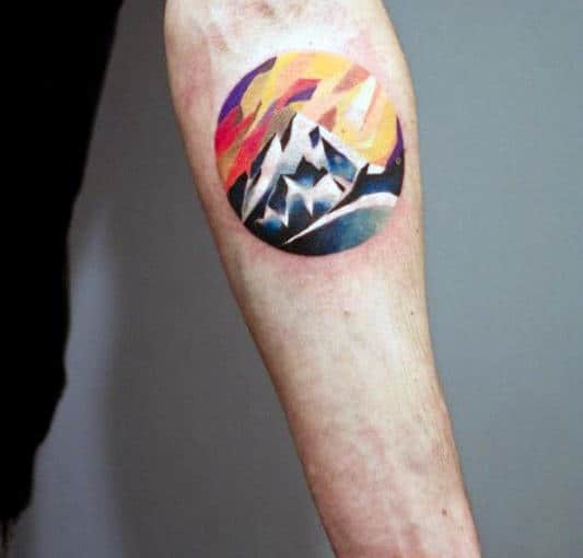Colorful Mountain Tattoo Designs For Men On Forearm