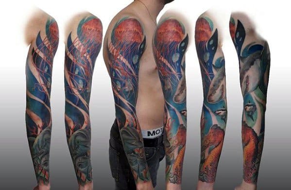 Colorful Ocean Underwater Guys Unique Arm Tattoos