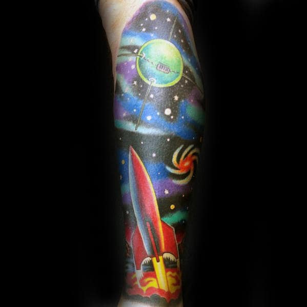Colorful Outer Space Sky Rocket Ship Mens Leg Sleeve Tattoo