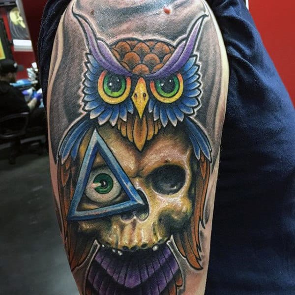 Colorful Owl Skull Illuminati Tattoo Male Arms