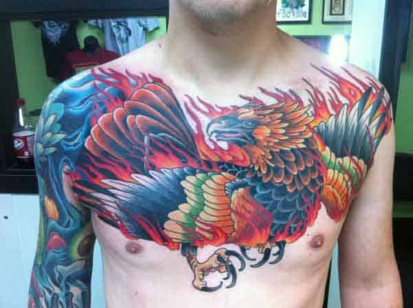Colorful Phoenix Men's Tattoos On Chest